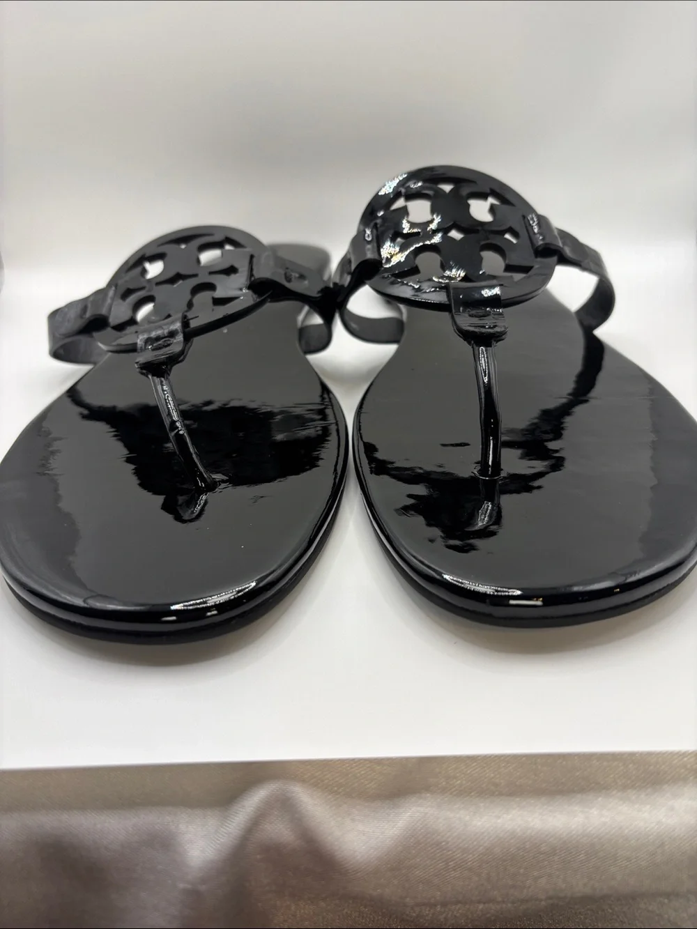Tory Burch Miller Black Patent Logo Thong Sandals
